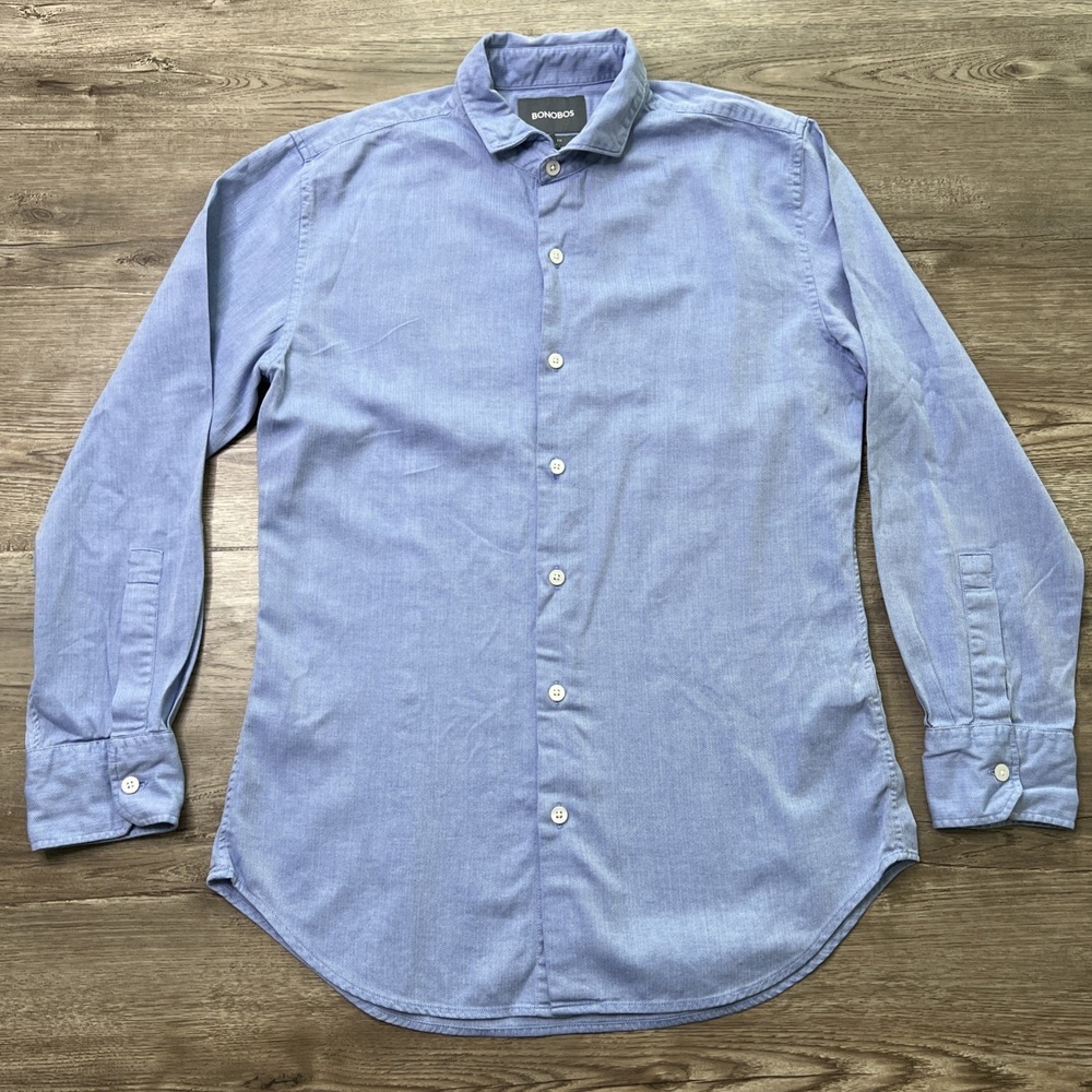Bonobos Slim Fit Shirt Mens S Blue Herringbone Long Sleeve Button Up
